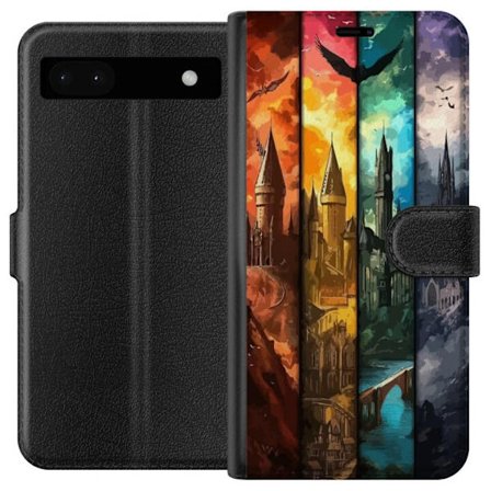 Kompatibel Tegnebogsetui til Google Google Pixel 6a Fire magiske slotte i forskellige elementfarver, episk fantasykunst med ild vand luft og mørke i
