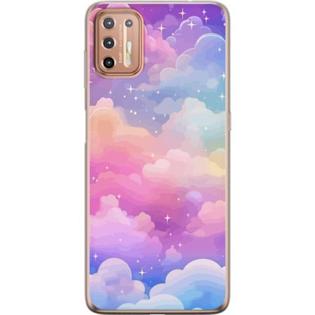 Kompatibelt Mobildeksel til Motorola Moto G9 Plus Søt enhjørning med regnbuefarget hår mot en stjernebelagt pastellbakgrunn i kawaii-stil