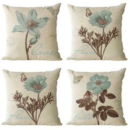 4 stk Rustikk Rose Blomster Puter i Lin Middelhavs Pledd Puter