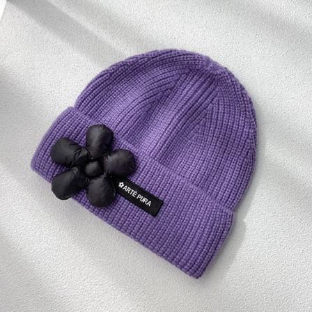 Varm vinterstrikk lueluer Tredimensjonal blomsterull Passende varm vinter fortykkede øreklaffer kvinner unisex Purple M(56-58cm)