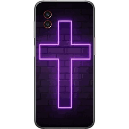 Yhteensopiva Puhelinkuori Samsung Samsung Galaxy Xcover6 Pro Neonristi purppuranvalossa tummaa tiiliseinää vasten, symbolinen motiivi vahvalla hohto