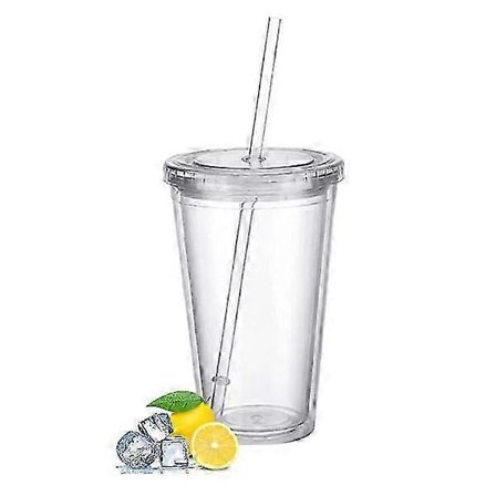 Dubbelväggiga Plastmuggar, Återanvändbara Drickmuggar med Sugrör, Transparenta Juiceglas, Mörkgrå