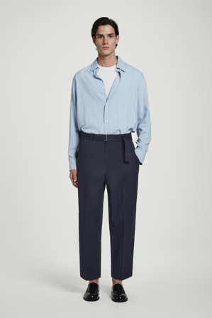 COS Men's Belted Tapered Cotton Trousers in Blue
