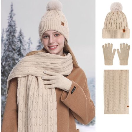 3-i-1 Lue, Skjerf & Hansker for Kvinner - Vintervarme - Sykkelørevarmer - Strikket Lue, Skjerf & Hansker - Beige - Julegave - Bursdagsgave