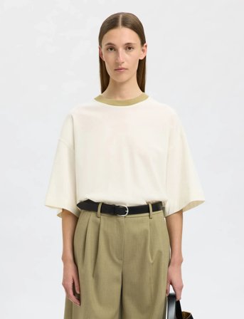 Selected Slfcolwoman 2/4 Oversized Contrast Tee - Cream - M