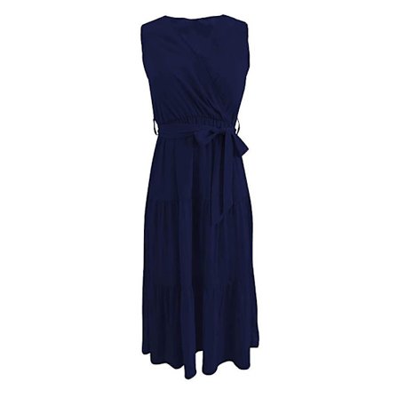 Elegant ermeløs svingkjole Vår Sommer Dame V-hals snøring ensfarget