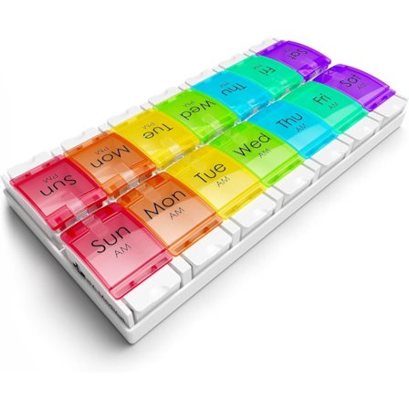 Ukentlig medisindispenser/påminner for medisiner, kosttilskudd, vitaminer, 7 dager, 2 rom per dag