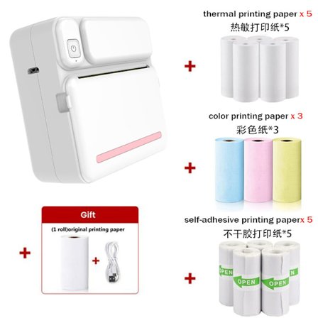 Bluetooth Termisk Skrivare mini bläckfri etikettskrivning med 14 rullar skrivarpapper, rosa