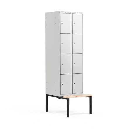 Kleiderspind CLASSIC mit Sitzbank, 2 Module/4 Türen, 2120 x 600 x 550 mm, grau