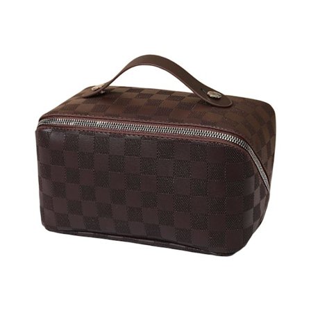 PU Makeup Taske Opbevaringsetui Skrå Lynlås Gaver Rejser til Kvinder Piger Hvid Mørkebrun 21,5cmx12cmx12cm