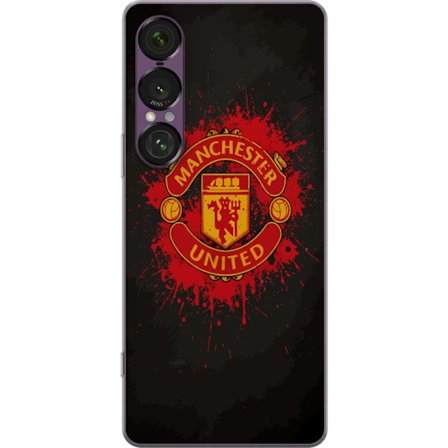 Kompatibelt Mobildeksel til Sony Sony Xperia 1 VII Manchester United logo i rød og gul farge med røff sportslig bakgrunn