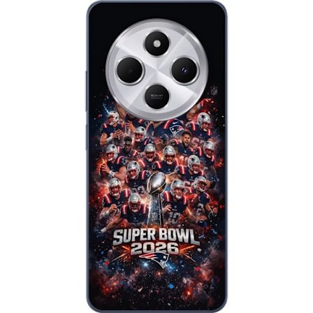 Yhteensopiva Puhelinkuori Xiaomi Redmi 14C Super Bowl 2026 juliste, jossa New England Patriots ja NFL-mestaruuspalkinto räjähtävän urheilullisessa suu