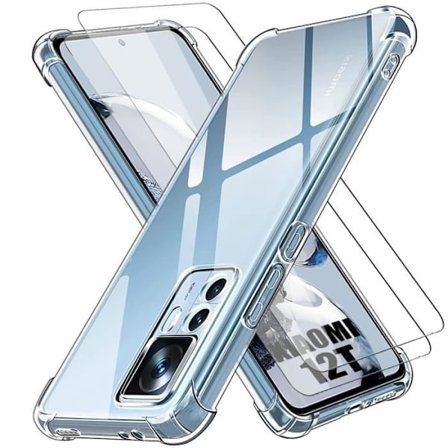 Fodral till Xiaomi 12T - 12T Pro - Transparent stötsäkert silikonskydd + 2 härdade glasögon