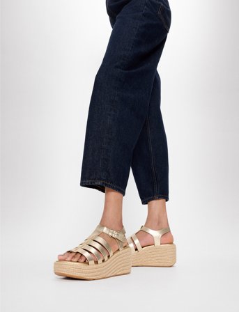 FitFlop Platfforms Espadr. Leather Fisherman Wedge Sandals - Gold - 41