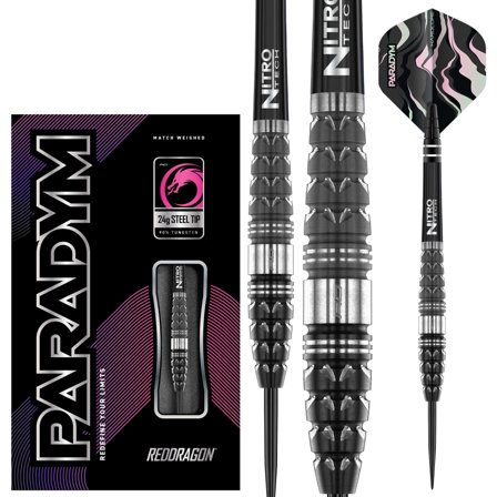 Red Dragon Darts Paradym - Torpedo Steel Tip Darts 24g/26g 90% Tungsten - Pro Match Weighted, Hardcore Flights, Nitro Tech, Black Silver Pink