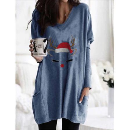 Print Med Fickor T-shirt V-hals Baggy Pullover