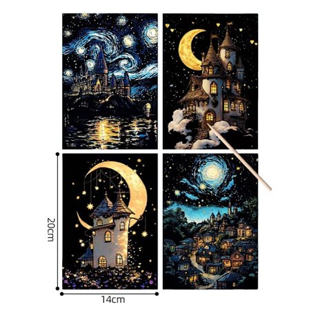 4 st Scratch Art Paper Set - Världslandmärken och djur, Glow in Dark, Stress Relief Craft för barn och vuxna