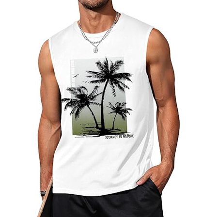 Tanktoppar för män, grafiska tanktoppar för män, sommar hawaiiansk palmträd ärmlös muskel gymtröja, strandtanktoppar för män