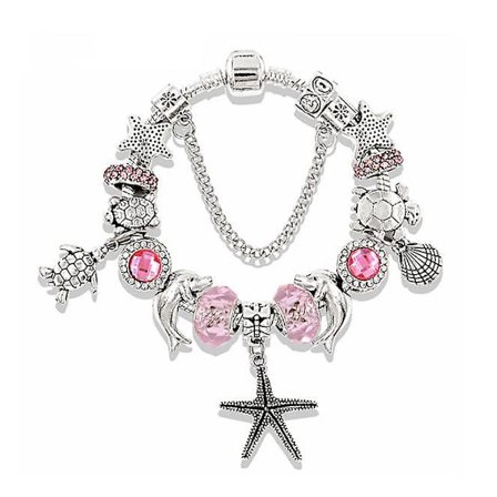 Sztxj Blå Hav, Sjöstjärna, Delfiner, Ros Silverpläterad Jubileumsberlock Armband Personligt Armband Med Emaljglaspärlor