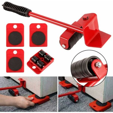 Enkel Möbelflyttningssats för Tung Möbel, Flyttar Möbel på Hjul, Möbelhävstång och Vagnset, 1 Lyftstång och 4 Flyttbara Rullar, Juice