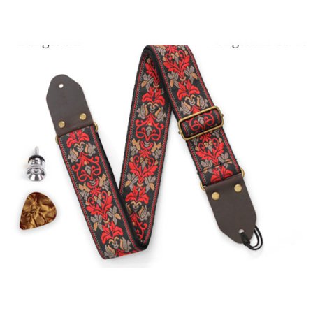 Rød - Broderet guitarrem, læderrem med usynlig lomme, til bas, el- og akustisk guitar