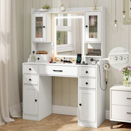 Frisør med Spejl og Justerbart Lys COSTWAY, Elektriske Stik, 3 Lysindstillinger, Hårtørrerholder, Stor Opbevaring