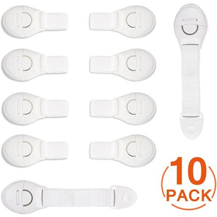 10-pack barnsäkra skåpdörrar, mjuka remsor barnsäkra lådor, säkerhetslås med starkt lim för skåp, kylskåp, toalett