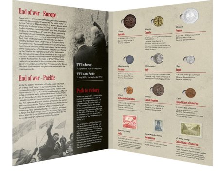 Sejrsminde - Afslutnigen på Anden Verdenskrig - Folder med 9 mønter og 3 frimærker