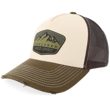 Wild Spirit - Beige trucker Keps - Mountain Explore Olive Patch Distressed Stone/Brown A-Frame Trucker @ Hatstore