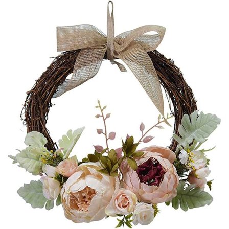 Champagne - Dørkrans, 10" falmresistente kunstige pæoner, dekorativ hængende krans, forår sommer, til hoveddør, væg eller vindue