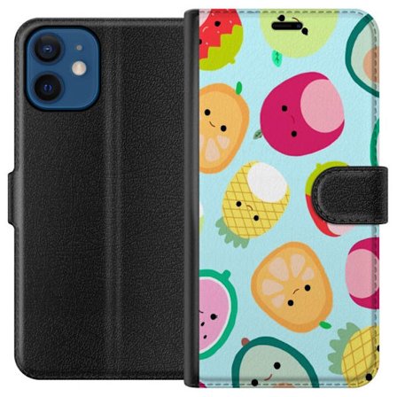 Kompatibelt Lommeboketui til Apple iPhone 12 mini Mønster av kawaii-frukter som jordbær sitron ananas og avocado på lyseblå bakgrunn