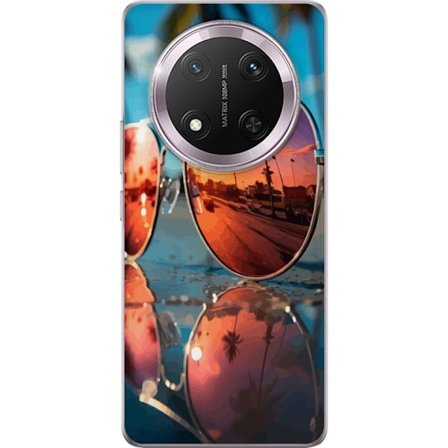 Kompatibelt Mobilskal till Honor Honor Magic7 Lite Solglasögon vid stranden – Palmträd i solnedgång speglade i lins