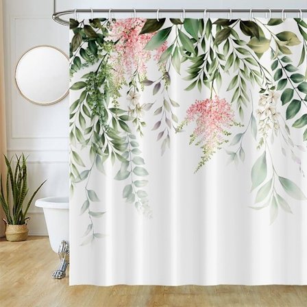 Duschdraperi med gröna blad, duschdraperi med eukalyptus och rosa blommor, vattentätt och mögelsäkert badrumsdraperi, tvättbart badrumsdraperi i 