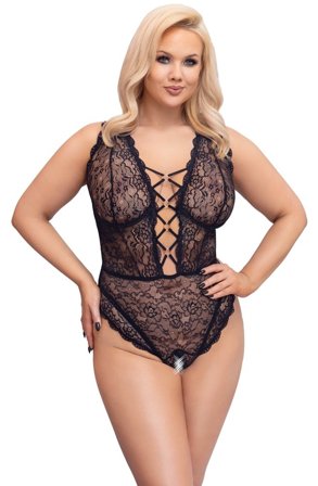 Cottelli Collection: Black lace body with open crotch & lacing - Erotik Vuxen: Plus size