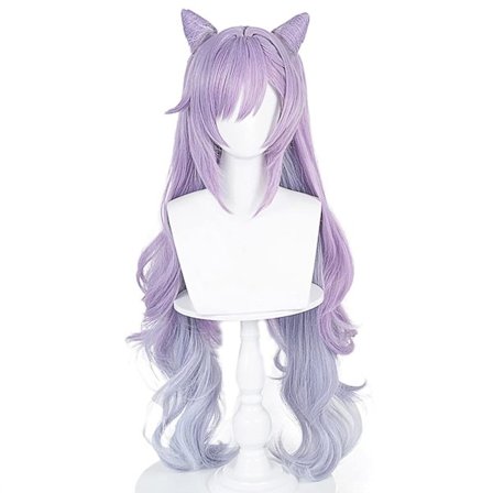 Lilla Gradient Parykk Cosplay Anime Spill Kostyme Dame Hår Erstatning Parykker med Horn Hestehaler for Spill Halloween Anime Rolle Fest Cos Festival 