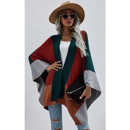 Kvinners Bohemian Buffalo Plaid Cape Cashmere Sjal Genser Cardigan Vinter Teppe Frakk, Mørkegrønn