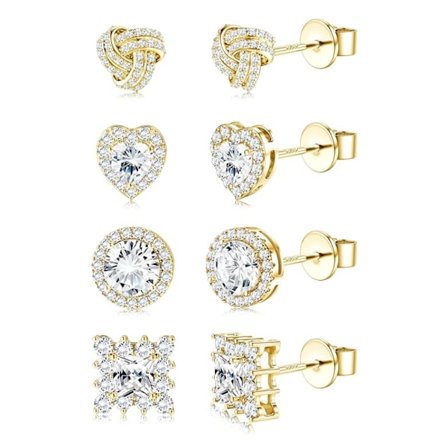 4 Par Sterling Silver CZ Örhängen för Kvinnor 14K Guldpläterade Briljanta Keltiska Hjärta Stora Örhängen Set Cubic Zirconia Örhänge