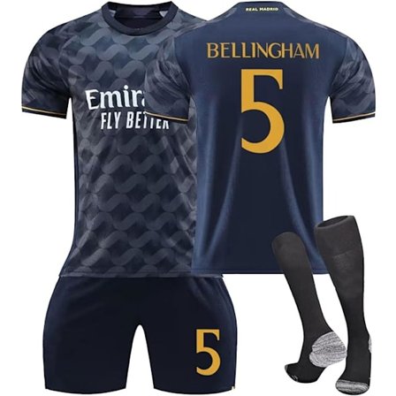 23/24 Ny Sesong Hjemme/Borte Fotballdrakter Shorts Sokker Sett for Barn/Voksne, Nr. 5 Bellingham, Nr. 7 Vini Jr, Fotballdrakt