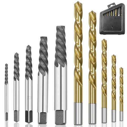 Sett med 10 kobolt venstrehånds skrueuttrekkere med gyllen metallkasse