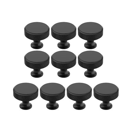 10-pack Matta Svarta Knurlade Skåpsknoppar Runda Köksluckor Handtag för Låda Kommod, Skåp och Garderob - WELLNGS