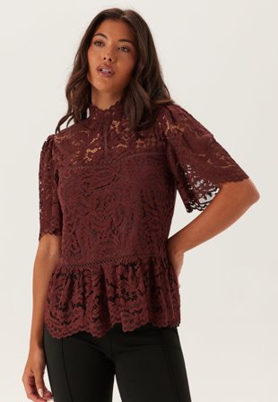 Bubbleroom Occasion Peplum Cotton Lace Blouse Burgundy 44