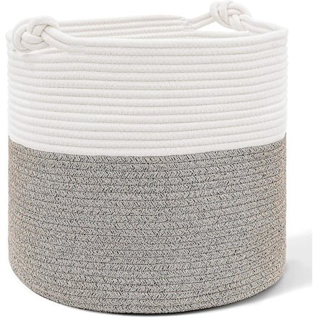 Kurv for tepper til stue, 40 cm x 40 cm x 35 cm, stor kurv for babyleker, kleskurv i bomullstau med håndtak, taukurv, vevd oppbevaringskurv