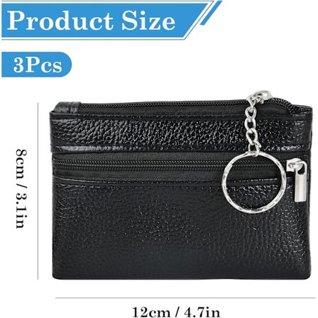 3 stk. nøgleetui sæt, lædermateriale, unisex lille nøgleetui med lynlås, 2 separate rum, mini nøgleetui, sort nøglering