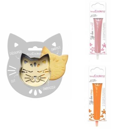 Cat Relief Cookie Kit + 2 Pastellrosa och orange chokladpennor