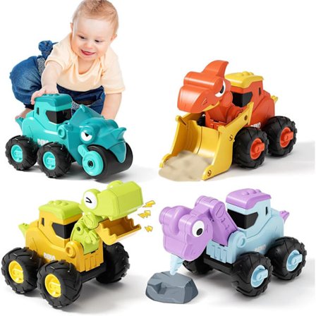 Babydinosaurielegetøjsbiler, sandkassekøretøjer til børn, tryk og kør babylegetøjsbil til småbørn 12-18 måneder, god gave til børn 1-2 år