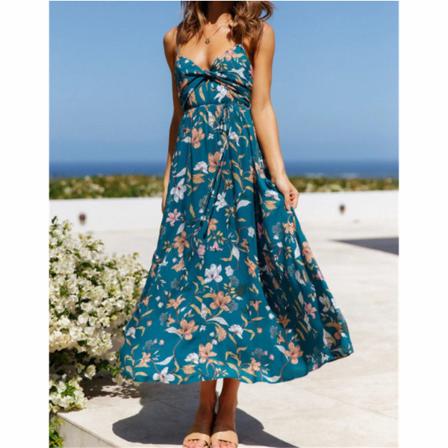 Boho Ärmlös Lång Klänning Kvinnor Sommar Sexig V-ringad Casual Spag