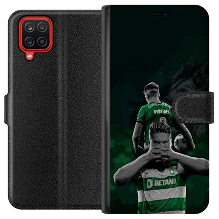 Kompatibel Tegnebogsetui til Samsung Galaxy A12 Neonmotiv med teksten "Gaming er i mit DNA" på en blå og rød murvæg med en lysende DNA-spiral.