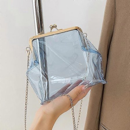 Klar Transparent PVC Kiss Lock Kedje Crossbody Väska Dam Clutch, blå