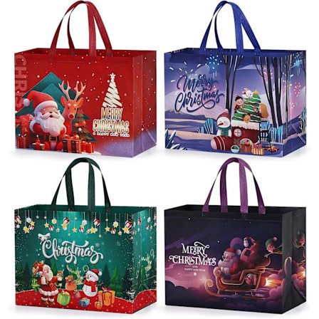 Store julegaveposer - 43 x 32,5 x 18 cm, ikke-vevde juleposer med håndtak, poser med julenisse, elg, juletredesign