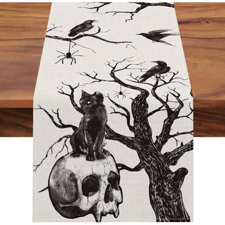 2025 Senaste Modell Halloween Gotisk Dödskalle Svart Katt Kråkor Bordslöpare, Trädgrenar Spindel Kök Matbord Dekor, Läskig Högtid Hem